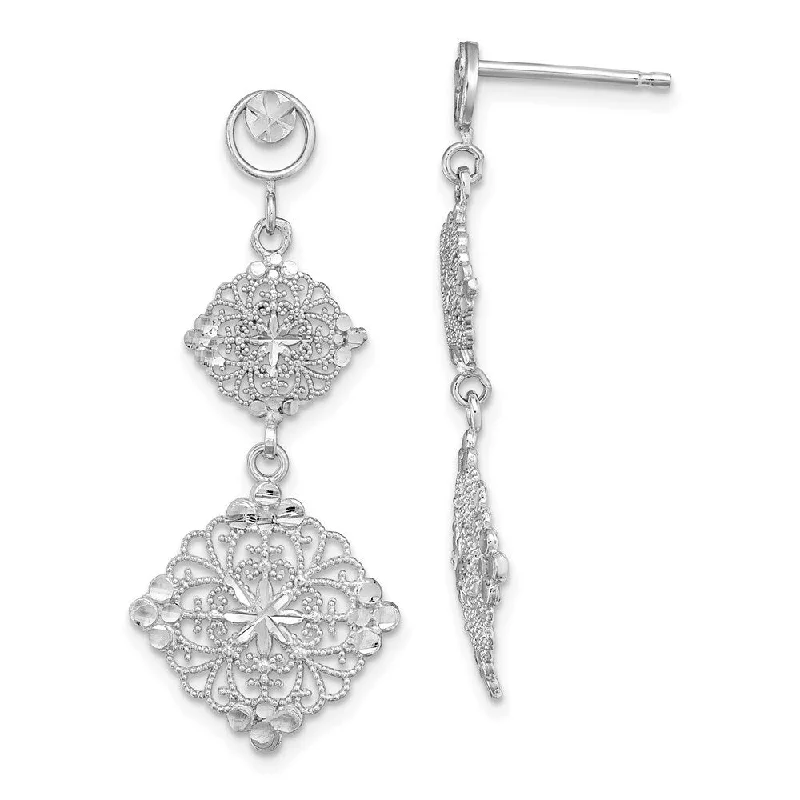 Oversized statement drop earrings for eye-catching events -14K White Gold Diamond Cut Filigree Medallion Drop Earrings (L-38 mm, W-15 mm)