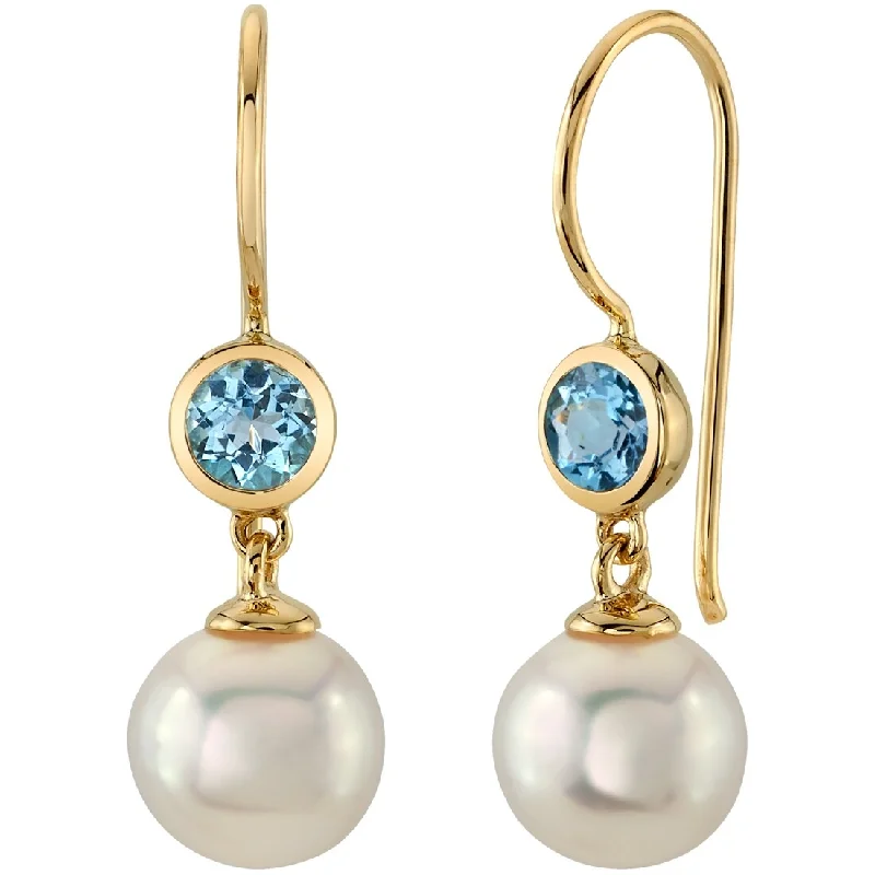 Sculptural gold drop earrings with artistic dangling forms -14k Yellow Gold Freshwater Pearl and Topaz Birthstone Drop Earrings