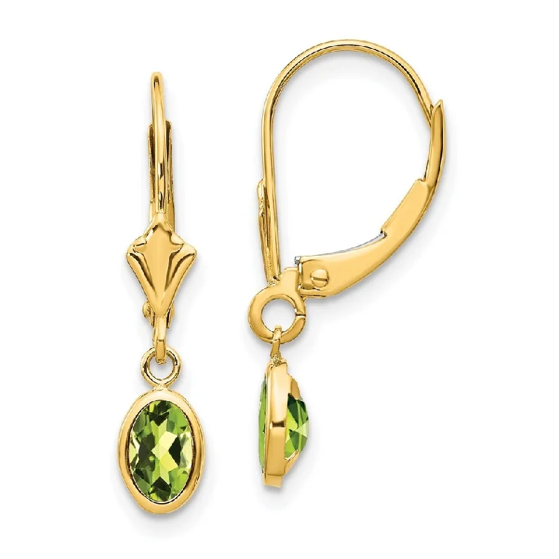 Hand-woven drop earrings featuring earthy tribal patterns -14k Yellow Gold Oval Bezel August Peridot Drop Earrings w/ Leverback (L-23 mm, W-4 mm)