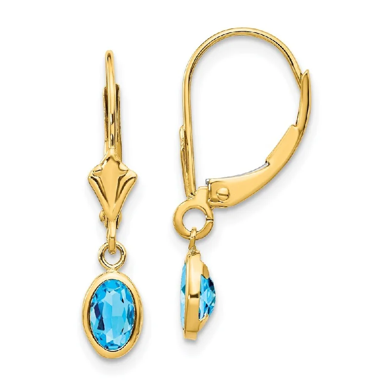 Shimmering herkimer drop earrings mimicking diamond clarity -14k Yellow Gold Oval Bezel December Blue Gemstone Drop Earrings w/ Leverback (L-23 mm, W-4 mm)