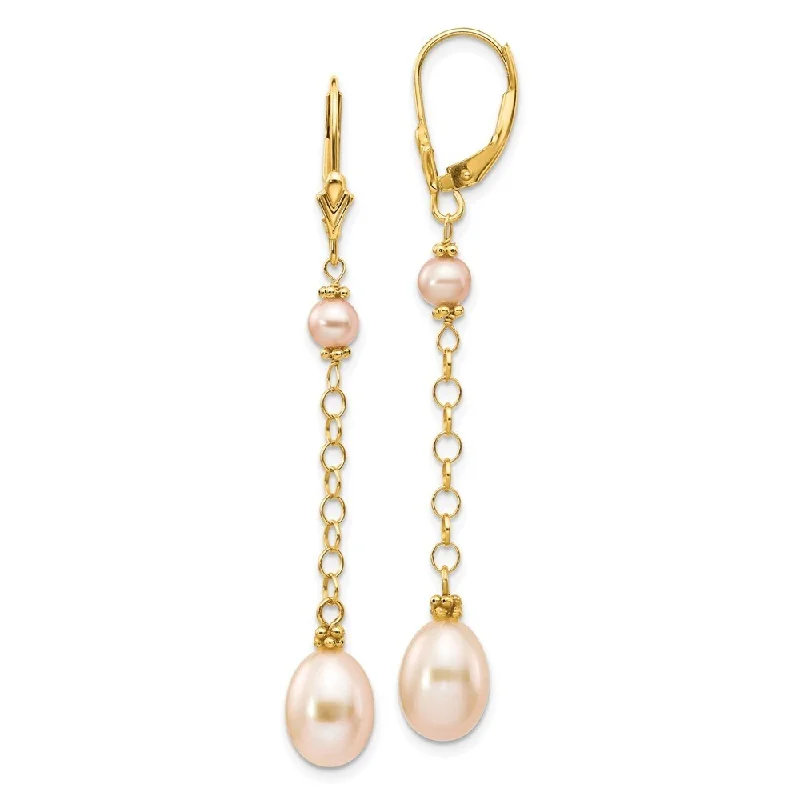 Matte black drop earrings for sleek minimalist looks -14K Yellow Gold Pink Pearl Drop Earrings w/ Leverback (L-55 mm, W-8 mm)