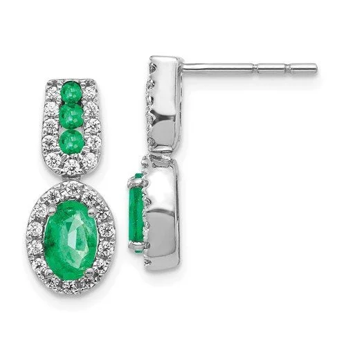 Classic claw drop earrings securing gems with elegance -14KT WHITE GOLD .92 CTW EMERALD & .30 CTW DIAMOND HALO DROP EARRINGS