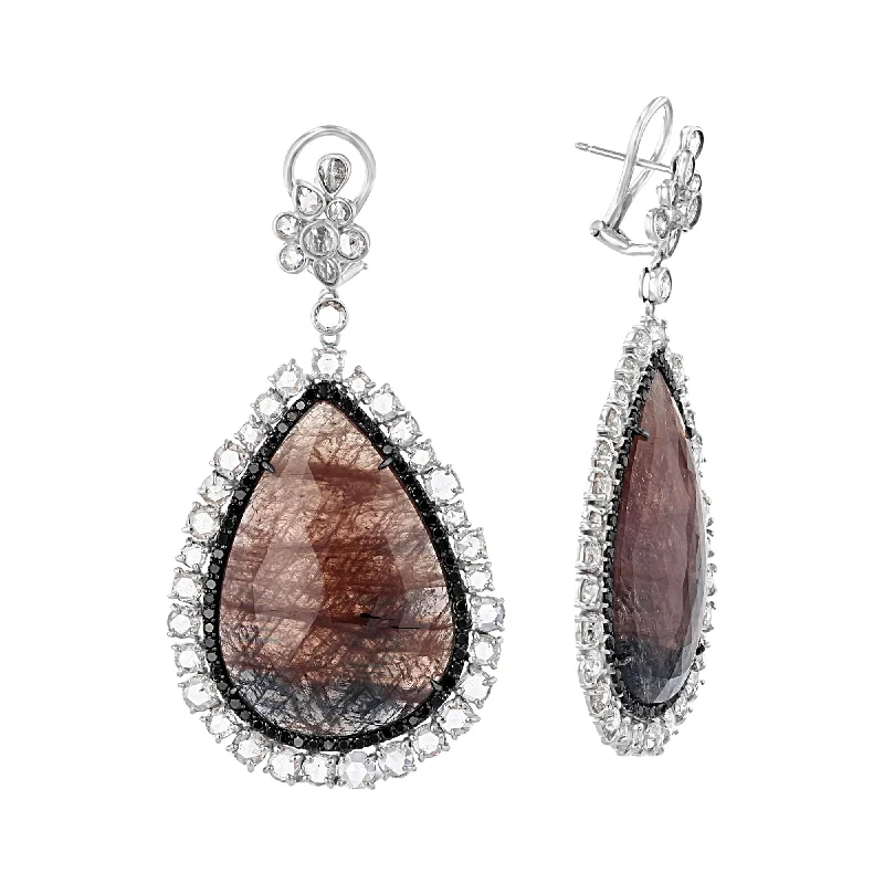 Shimmering sunstone drop earrings with golden flecked glow -18KT 84 CTW Corundum & 13.35 CTW Diamond Halo Drop Earrings