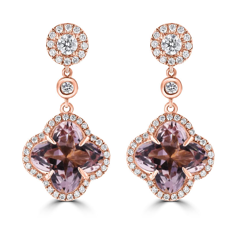 Luminous pearl drop earrings enhancing bridal elegance -18KT ROSE GOLD  8.20 CTW MORGANITE & 0.95 CTW DIAMOND DROP EARRINGS