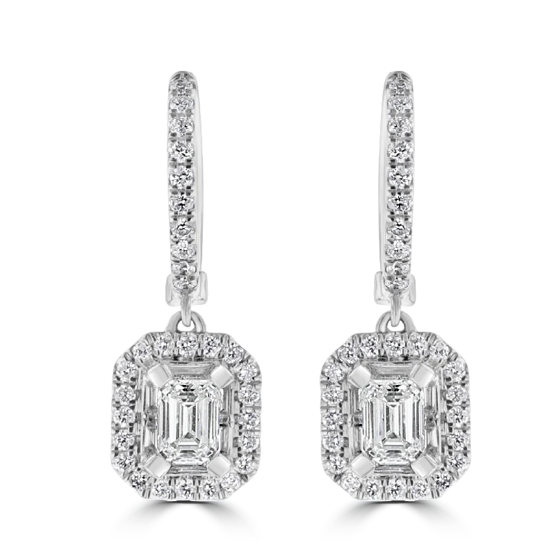 Playful tassel drop earrings adding movement and fun -18KT WHITE GOLD 1.23 CTW DIAMOND HALO DROP EARRINGS