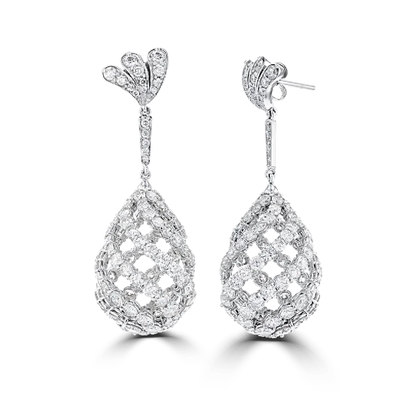 Romantic rose drop earrings shaped like blooming flowers -18KT White Gold 12.56 CTW Pave Diamond 3D Pear Shape Drop Earrings