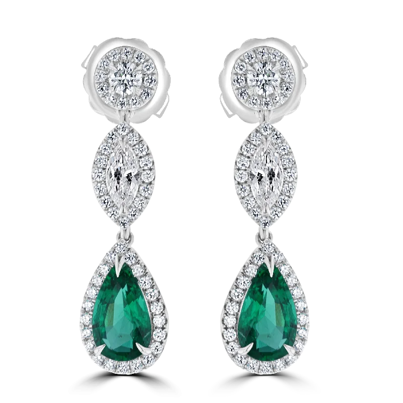 Bright tourmaline drop earrings with multicolored stone charm -JULEVE 18KT WHITE GOLD 3.32 CTW EMERALD & 1.73 CTW DIAMOND HALO DROP EARRINGS