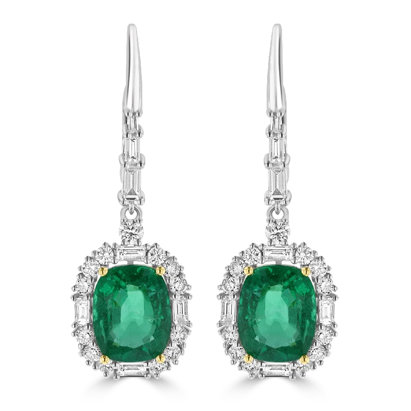 Hand-woven drop earrings featuring earthy tribal patterns -JULEVE 18KT WHITE GOLD 5.19 CTW EMERALD & 1.50 CTW DIAMOND HALO DROP EARRINGS