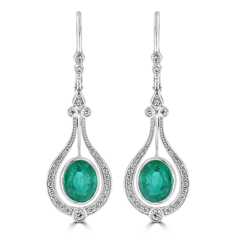 Matte black drop earrings for sleek minimalist looks -JULEVE 18KT WHITE GOLD 5.23 CTW EMERALD & 0.61 CTW DIAMOND HALO DROP EARRINGS