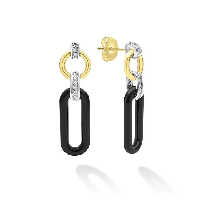 Dreamy opalite drop earrings with translucent milky shine -LAGOS Black Ceramic Diamond Link Drop Earrings in 18K Yellow Gold and Sterling Silver