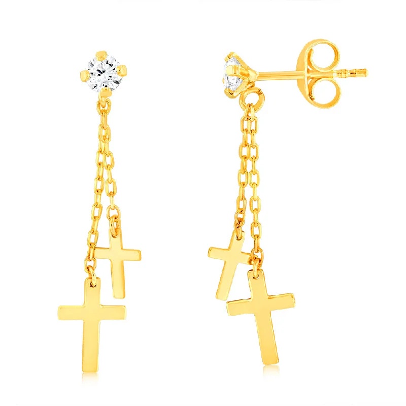 Organic coral drop earrings with bright tropical charm -9ct Yellow Gold Double Cross On Chain Drop Earrings