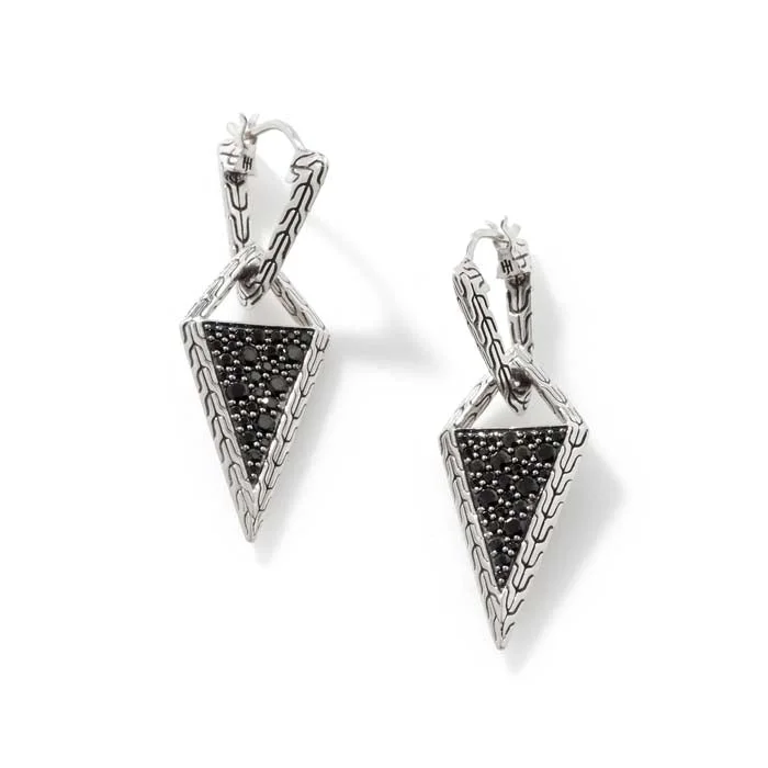 Intricate pave drop earrings glittering with tiny gems -John Hardy Tiga Transformable Drop Earrings with Black Sapphires and Black Spinel in Sterling Silver