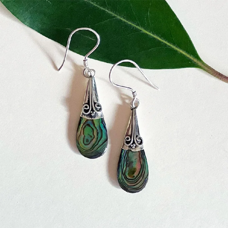 Bold tiger-eye drop earrings with chatoyant golden bands -Abalone Filigree Teardrop Earrings - Sterling Silver, Indonesia