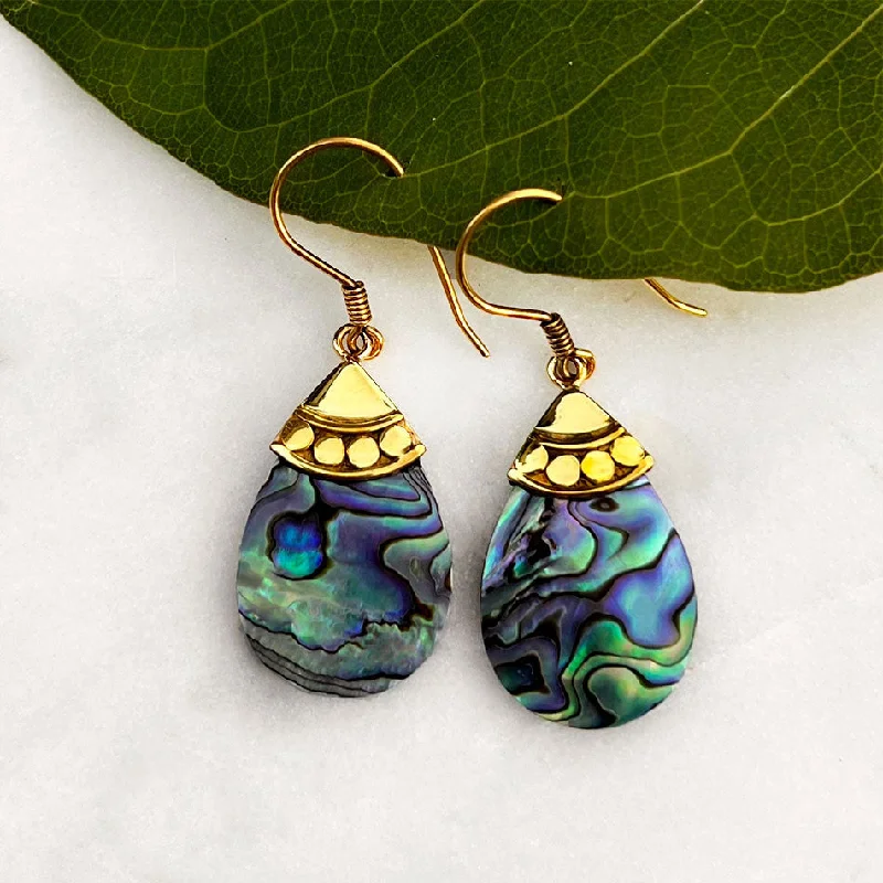 Polished hematite drop earrings with metallic gray sheen -Abalone Teardrop Earrings - Brass, Indonesia