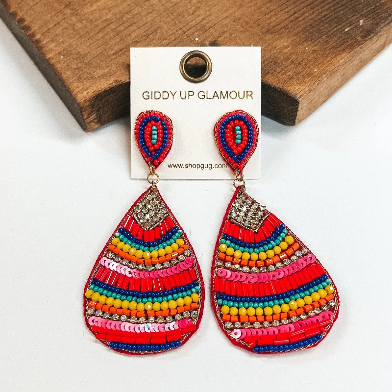 Handmade garnet drop earrings with rich red warmth -Beaded Mix and Crystal Teardrop Earrings in Serape