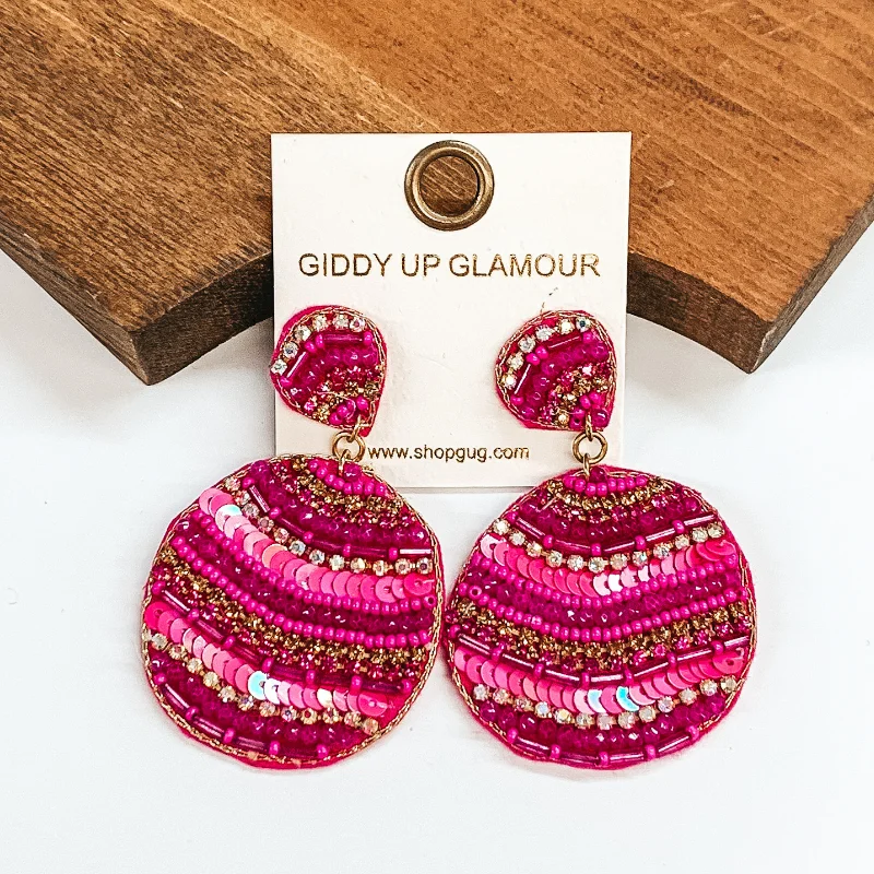 Sculptural gold drop earrings with artistic dangling forms -Beaded Circle Drop Earrings in Fuchsia Pink