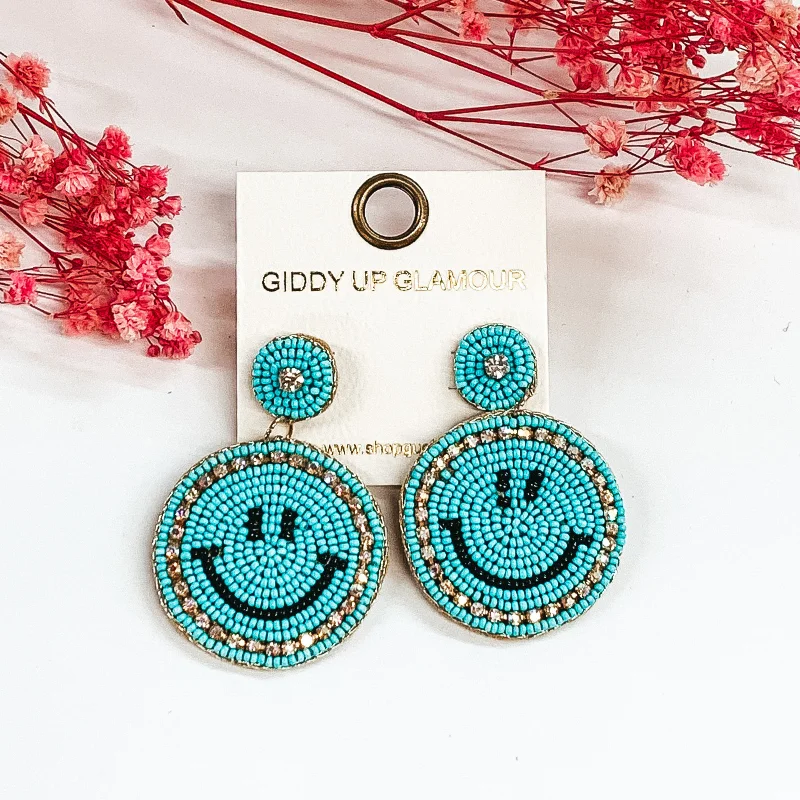 Mystical labradorite drop earrings with hidden fiery glow -Beaded Happy Face Circle Drop Earrings with Crystal Outline in Aqua