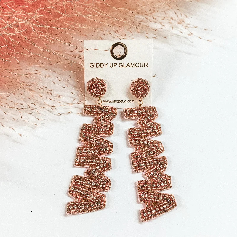 Hand-woven drop earrings featuring earthy tribal patterns -Beaded Mama Drop Earrings with Clear Crystals in Rose Pink