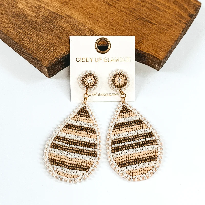 Hand-woven drop earrings featuring earthy tribal patterns -Beaded Striped Teardrop Earrings in Ivory Mix