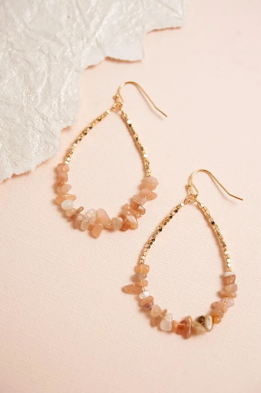 Radiant morganite drop earrings in soft blushing tones -Bella Stone Hoop Earrings | Boho Pebble Stone Teardrop Earrings | Natural Colored Stone Hoops