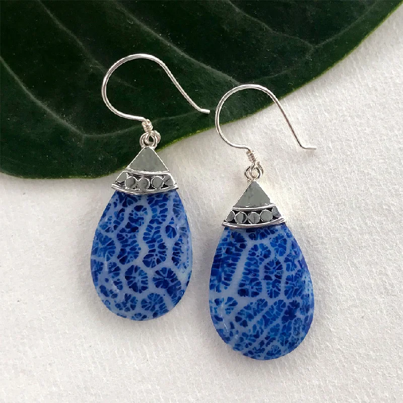 Regal emerald drop earrings for luxurious green dangles -Blue Coral Teardrop Earrings - Sterling Silver, Indonesia