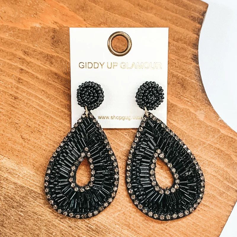 Hand-carved drop earrings featuring unique stone dangles -Bugle Bead Teardrop Earrings in Black