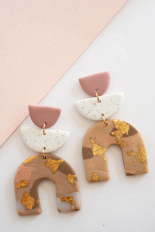 Warm citrine drop earrings for golden dangling cheer -Cameron Clay Art Deco Earrings | Whimsical Clay Drop Earrings | Neutral Color Palette with Gold Leaf Detail