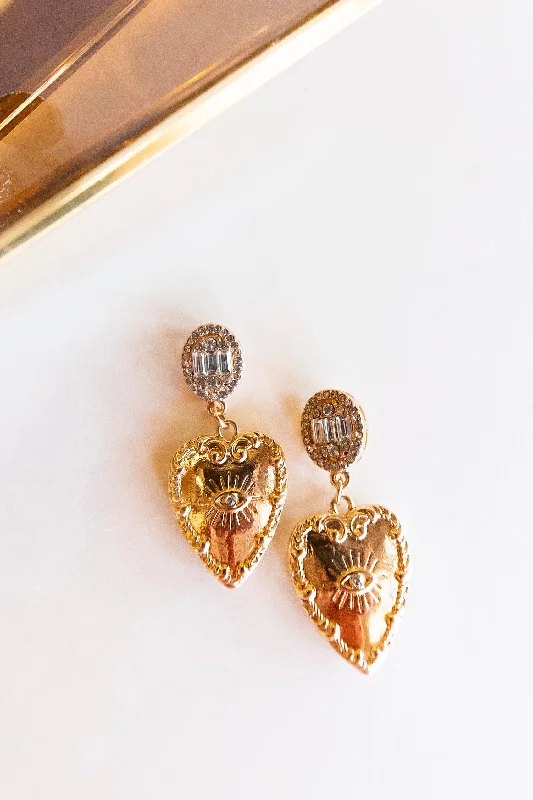 Hand-carved drop earrings featuring unique stone dangles -Catherine Ornate Gold Drop Earrings | Special Occasion Earrings | Intricate Gold Heart and Crystal Accents