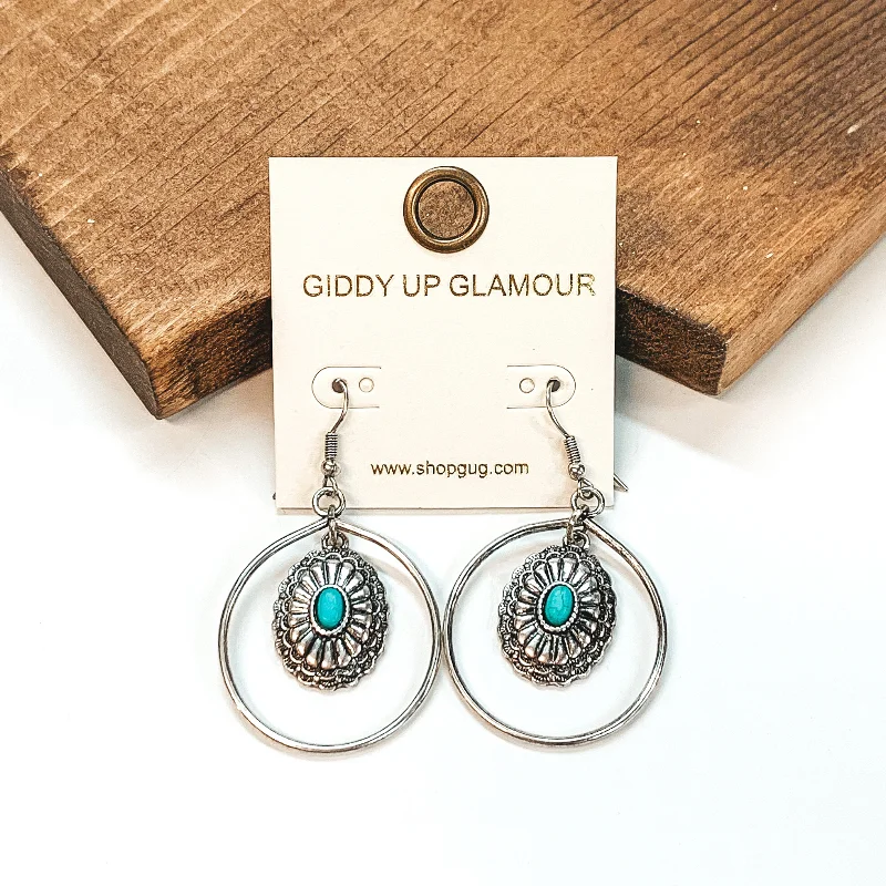 Radiant zircon drop earrings swaying with brilliance -Circle Drop Earrings with Hanging Concho Pendant in Silver Tone