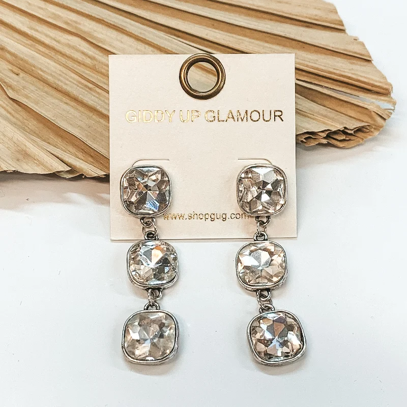 Vintage-inspired drop earrings with engraved floral details -Clear Cushion Cut Crystal Drop Earrings in Silver