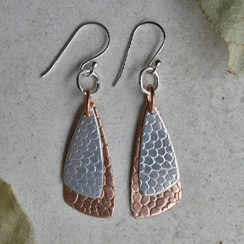 Oversized statement drop earrings for eye-catching events -'Cobblestone' Silver & Copper Double Drop Earrings