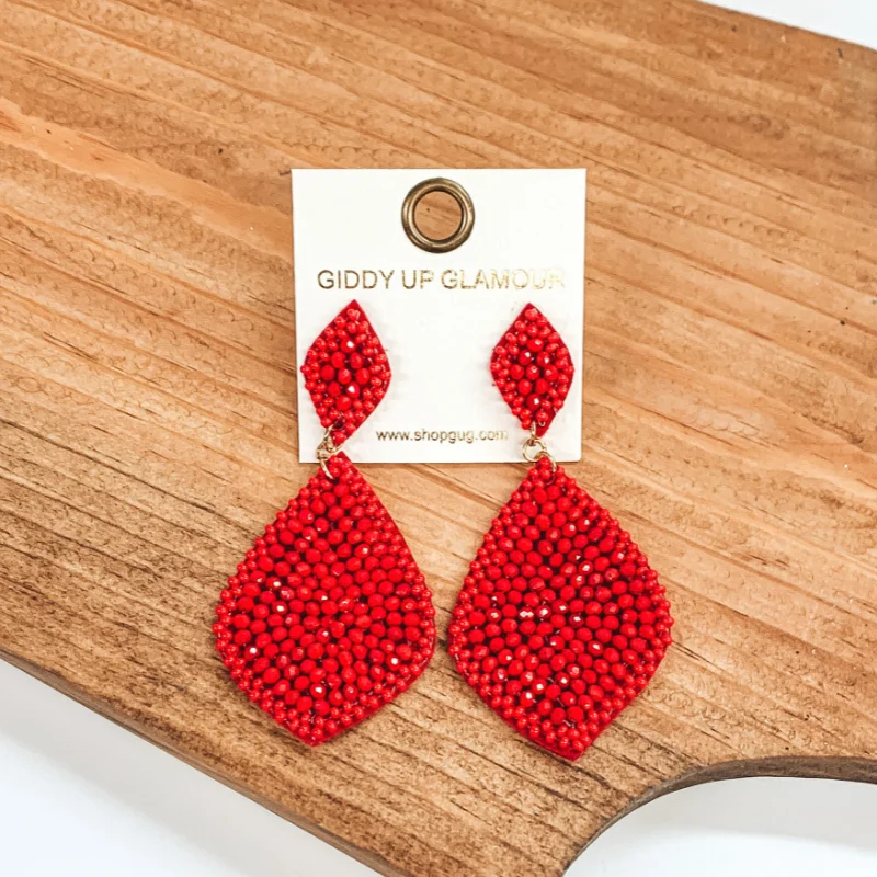 Long chandelier drop earrings for dramatic wedding looks -Beaded Teardrop Earrings in Red