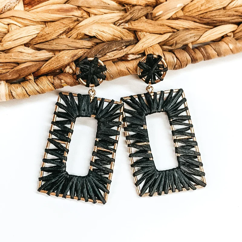 Vintage pearl drop earrings with classic gold settings -Cabana Bound Raffia Wrapped Gold Rectangle Drop Earrings in Black