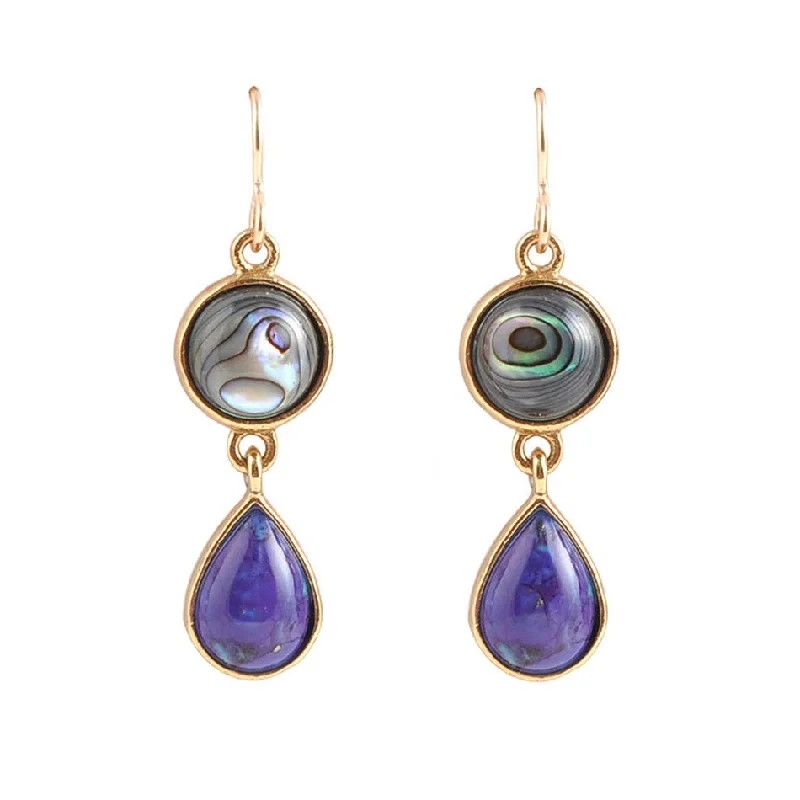 Polished brass drop earrings with vintage golden charm -Abalone and Purple Turquoise Drop Earrings