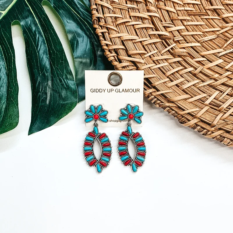 Sculptural bronze drop earrings for artistic bold dangles -Western Oval Outline Cluster Drop Earrings in Turquoise/Red