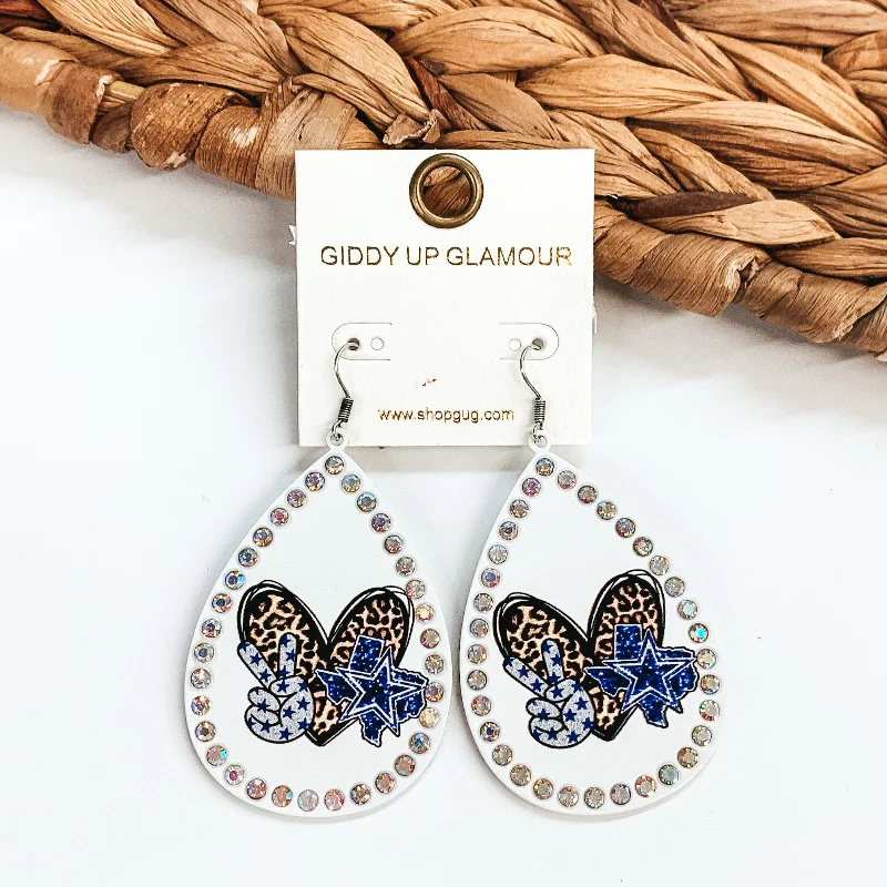 Luxurious sapphire drop earrings dangling with blue brilliance -Cowboys Teardrop Earrings in White with AB Crystals and Peace Sign