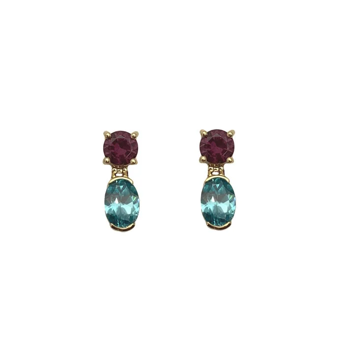 Shimmering sunstone drop earrings with golden flecked glow -Roger Dery Rhodolite Garnet and Blue Zircon Drop Earrings in 14K Yellow Gold