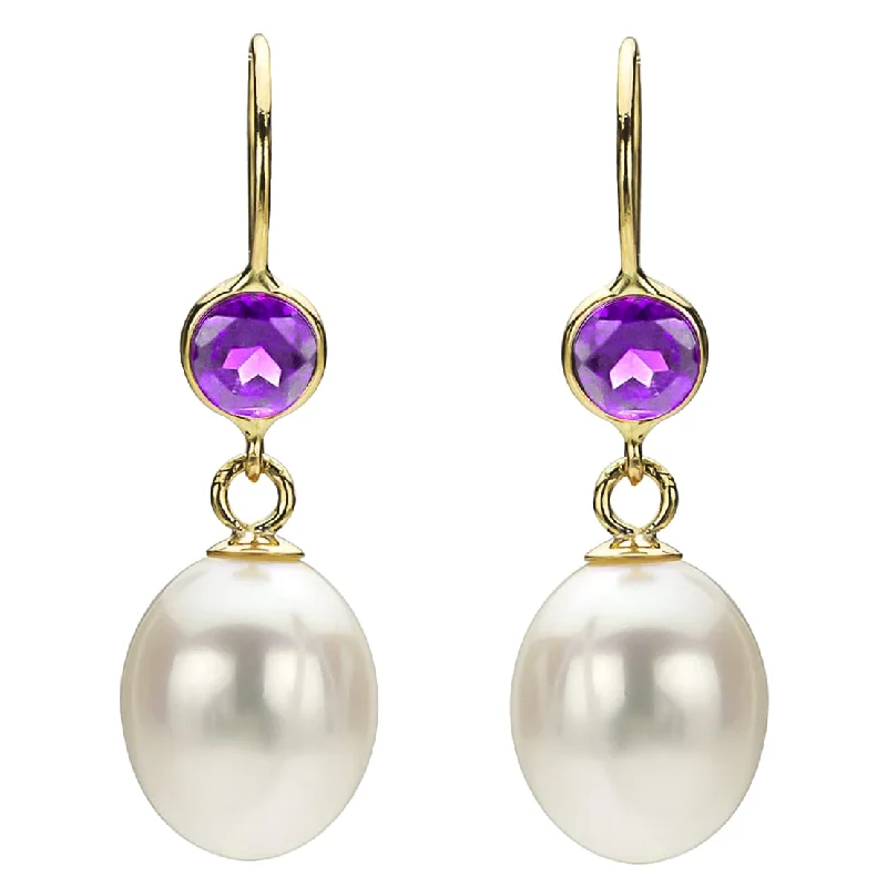 Radiant zircon drop earrings swaying with brilliance -DaVonna 14k Gold White FW Pearl and Amethyst Drop Earrings (7-7.5 mm)