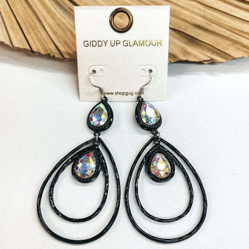 Vivid fluorite drop earrings swaying with rainbow hues -Double Teardrop Earrings with AB Crystals in Black