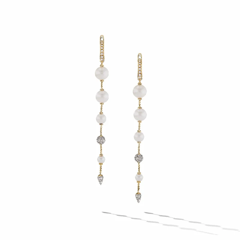 Vibrant tanzanite drop earrings with rare indigo sparkle -Pearl and Pave Drop Earrings in 18K Yellow Gold with Diamonds