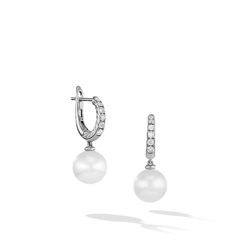 Dreamy opalite drop earrings with translucent milky shine -Pearl and Pave Drop Earrings in Sterling Silver with Diamonds