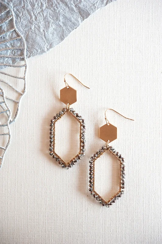 Warm amber drop earrings glowing with fossilized charm -Mary Beaded Geometric Earrings | Smokey Gray and Gold Beaded Drop Earrings