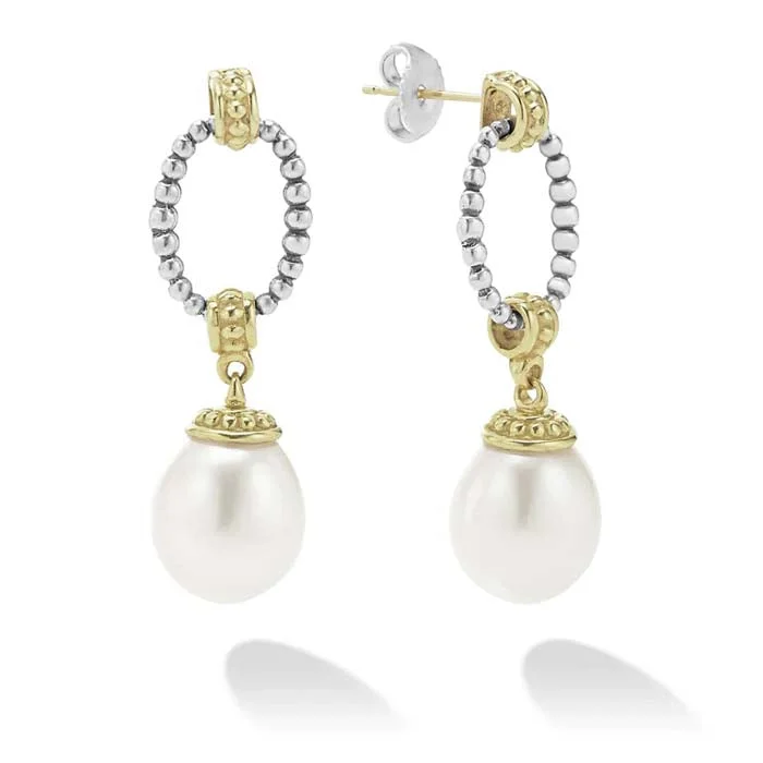 Durable steel drop earrings for tough everyday shine -LAGOS Two Tone Pearl Oval Drop Earrings in Sterling Silver and 18K Yellow Gold