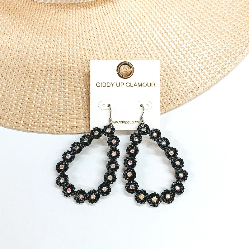 Vintage pearl drop earrings with classic gold settings -Flower Detailed Open Teardrop Earrings with AB Crystals in Black