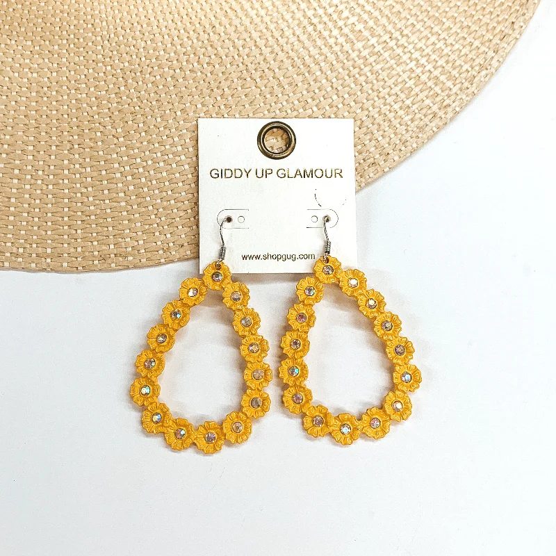 Handmade beaded drop earrings with colorful artisan flair -Flower Detailed Open Teardrop Earrings with AB Crystals in Mustard Yellow