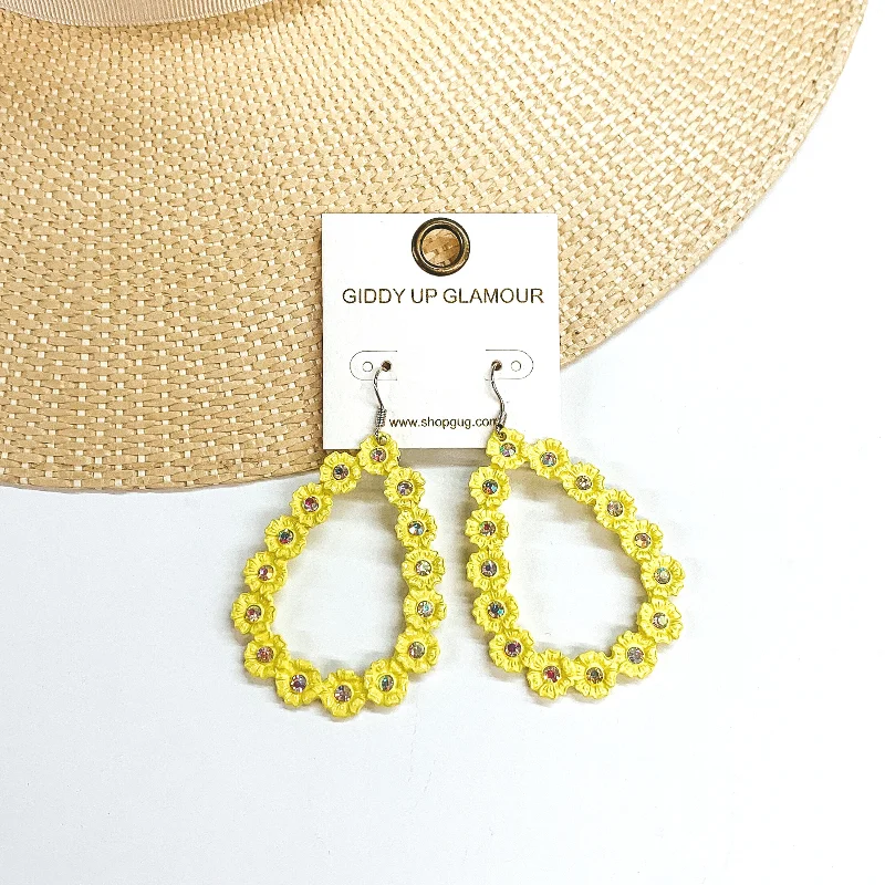 Elegant diamond drop earrings for timeless evening glamour -Flower Detailed Open Teardrop Earrings with AB Crystals in Neon Yellow