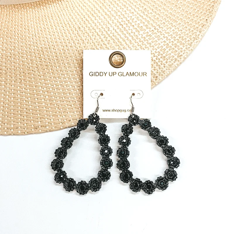 Affordable silver drop earrings perfect for daily wear -Flower Detailed Open Teardrop Earrings with Black Crystals in Black