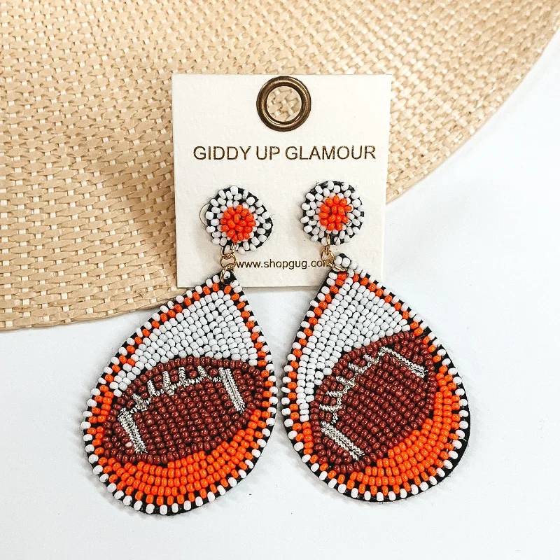 Classic claw drop earrings securing gems with elegance -Game Day Ready Beaded Teardrop Earrings in White and Orange