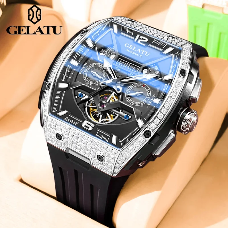 Men's watches with a combination of leather and metal bands for a unique, trendy style -GELATU Full Diamond Men'S Watches Flywheel Design Dual Calendar Automatic Mechanical Watch for Men TOP Brand Original Wristwatch