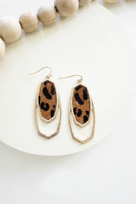 Polished nickel drop earrings for affordable shiny dangles -Gina Leopard Art Deco Earrings | Animal Print Drop Earrings | Gold and Vegan Leather Leopard Print